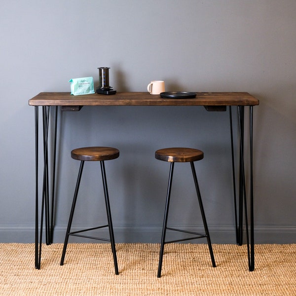 Rustic Wood Breakfast Bar with Hairpin Legs and Bar Stools
