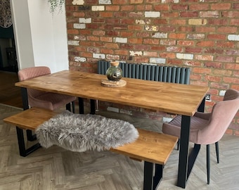 Dining Table with Benches. Rustic Handmade Table with Matching Benches and Steel Legs. Hairpin Legs or Industrial Steel Legs. Reclaimed.