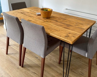 Rustic Wooden Dining Table with Hairpin Legs. Many Sizes and Colours Available. Customisable. Options for Indoor or Outdoor Garden Treatment