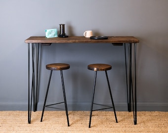 Rustic Wood Breakfast Bar with Hairpin Legs and Bar Stools