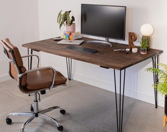Rustic Solid Wood Desk: Handmade Home Office Desk with Hairpin Legs