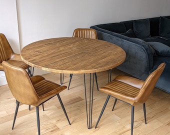 Runder Esstisch, Runder Tisch, Esstisch, Rustikaler Tisch, Handgefertigte Möbel, Wohnkultur, Neues Zuhause, Hairpin Legs, Küchentisch aus Holz