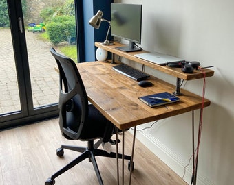 Desk with Monitor Stand. Rustic Design with Sustainably Sourced Wood. Handmade Home or Office. Add-ons - cable management and keyboard tray.