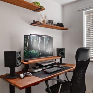 Wooden Desk. Heavy Duty Solid Wood Top & Solid Steel Legs. Handmade to Order.  Optional Monitor Shelf and Keyboard Tray. Fully Customisable.
