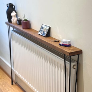 Slim Rustic Console Table. Reclaimed Wood Hallway Radiator Shelf with Hairpin Legs. Custom Narrow Entryway Furniture. Many Sizes and Colours