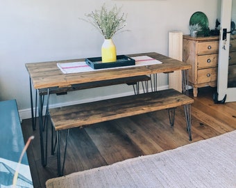 Rustic Dining Table And Matching Benches. Industrial Style. Reclaimed Wood. Suitable For Indoor or Outdoor Garden Use. Steel Hairpin Legs