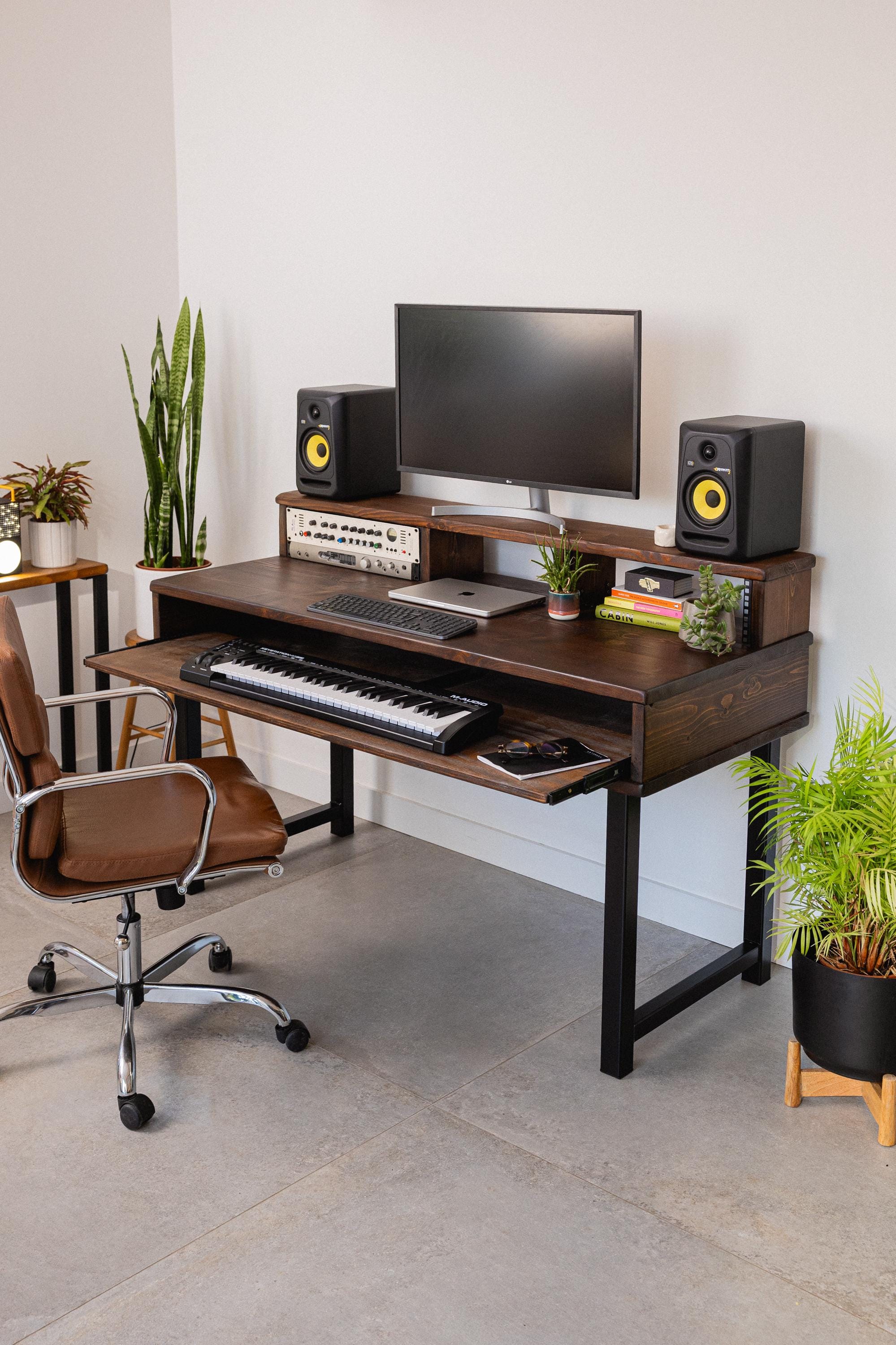 Studio Desk | Modern Rustic Design | Riser Shelf | 19" Rack Storage Space | Heavy Duty Steel Hairpin, Industrial or Height Adjustable Legs