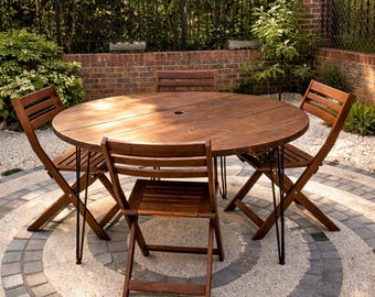 Round Garden Table Solid Wood, Outdoor Dining Table, Wooden Patio Table, Rustic Round Outdoor Table with Hairpin Legs
