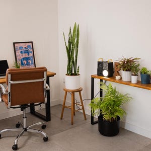 Slim wooden console table with black square metal legs, positioned over a radiator and decorated with potted houseplants and a speaker, styled in a modern workspace as a side desk with matching furniture.