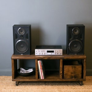 Record Player Stand. Rustic Wooden Vinyl Record Storage Unit. TV Stand with Space for Vinyl Record Display. Reclaimed wood and hairpin legs. image 4