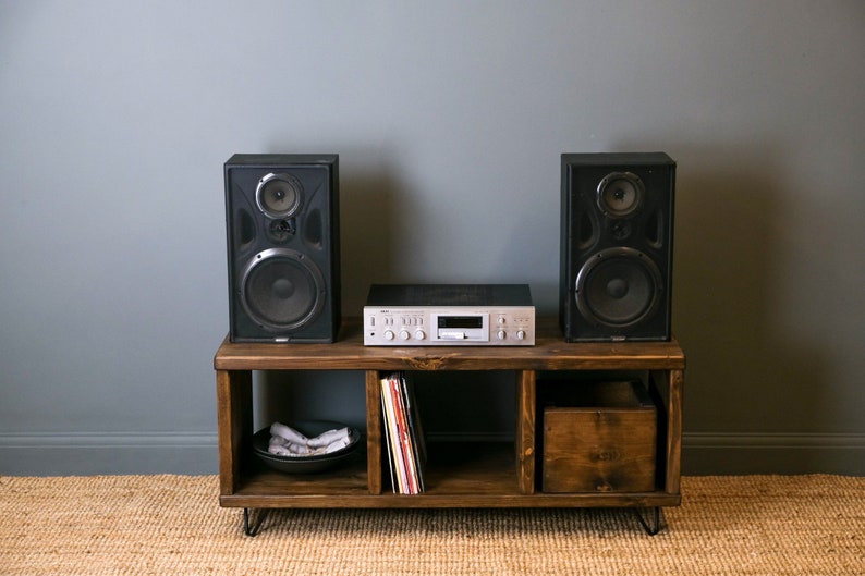 Record Player Stand. Rustic Wooden Vinyl Record Storage Unit. TV Stand with Space for Vinyl Record Display. Reclaimed wood and hairpin legs. image 4