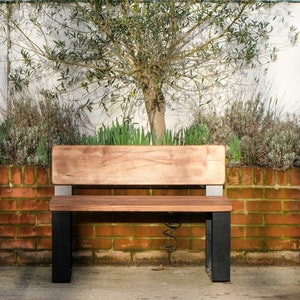 Wooden Garden Bench With Steel Legs and Backrest. Rustic Bench for Outdoor Use. Reclaimed Wood. Easy to assemble or take apart to store away