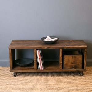 Record Player Stand. Rustic Wooden Vinyl Record Storage Unit. TV Stand with Space for Vinyl Record Display. Reclaimed wood and hairpin legs. image 6