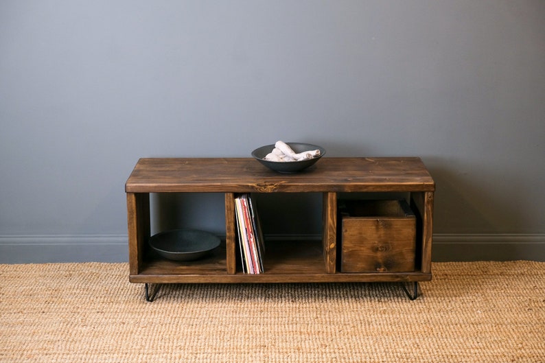 Record Player Stand. Rustic Wooden Vinyl Record Storage Unit. TV Stand with Space for Vinyl Record Display. Reclaimed wood and hairpin legs. image 6