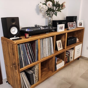 Record Player Stand. Rustic Wooden Vinyl Record Storage Unit. TV Stand with Space for Vinyl Record Display. Reclaimed wood and hairpin legs. image 9