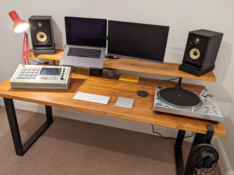 Rustic Desk Riser Shelf For Monitor, Speakers Reclaimed Wood Heavy Duty Industrial Style Square Steel Legs Home or Office Use image 2