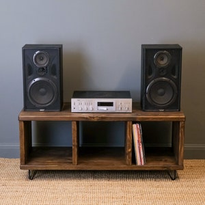 Record Player Stand. Rustic Wooden Vinyl Record Storage Unit. TV Stand with Space for Vinyl Record Display. Reclaimed wood and hairpin legs. image 5