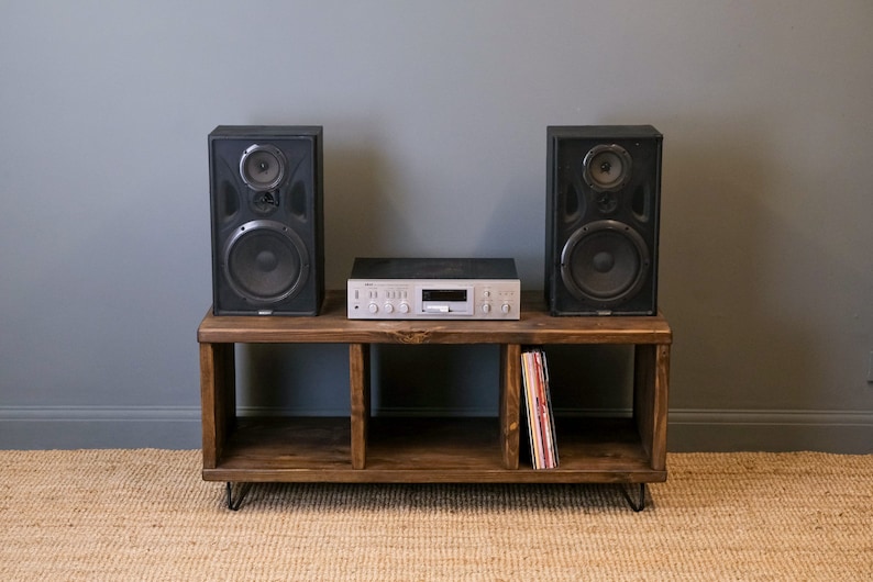 Record Player Stand. Rustic Wooden Vinyl Record Storage Unit. TV Stand with Space for Vinyl Record Display. Reclaimed wood and hairpin legs. image 5