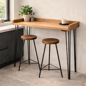 Scandinavian Breakfast Bar Table with Stools, Narrow Kitchen Bar Table, Solid Wood Bar Table with Hairpin Legs, Handmade Japandi High Table