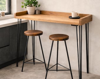 Tavolo da colazione scandinavo con sgabelli, tavolo da bar stretto per cucina, tavolo da bar in legno massello con gambe a forcina, tavolo alto giapponese fatto a mano