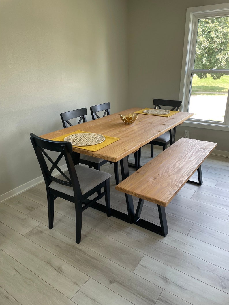 Rustic Dining Table & 1 or 2 Matching Benches - Square Steel Legs - Indoor Home or Outdoor Garden Use - Reclaimed Wood - Industrial Style 