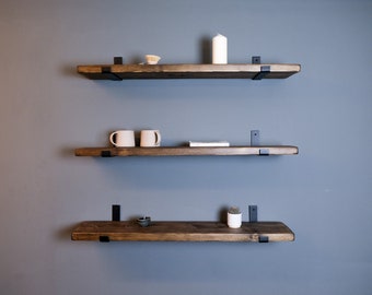 Rustic Shelves from Reclaimed Wood. Industrial Style Heavy Duty Black Steel L-Shape Brackets or Floating Shelf Brackets options available.