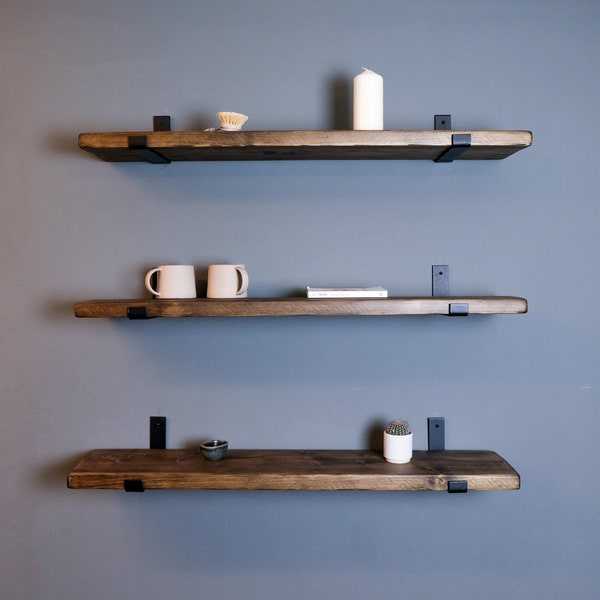 Rustic Shelves from Reclaimed Wood. Industrial Style Heavy Duty Black Steel L-Shape Brackets or Floating Shelf Brackets options available.