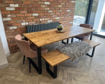 Rustic Dining Table & 1 or 2 Matching Benches - Square Steel Legs - Indoor Home or Outdoor Garden Use - Reclaimed Wood - Industrial Style