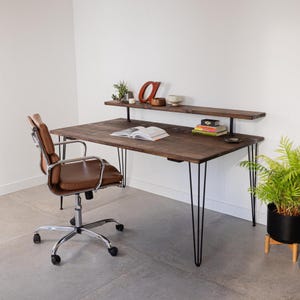 Handmade Rustic Wood Desk with Hairpin Legs & Monitor Shelf