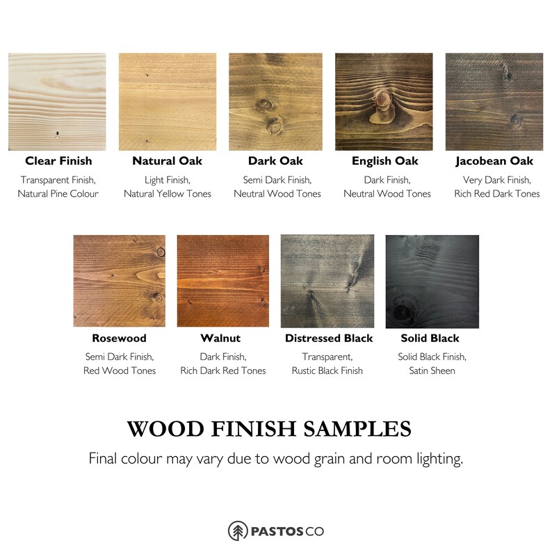 Puede incluir: Muestras de acabado de madera que muestran diferentes tonos de tinte para madera, incluyendo claro, roble natural, roble oscuro, roble ingl&eacute;s, roble jacobeo, palo de rosa, nogal, negro desgastado y negro s&oacute;lido. El texto "WOOD FINISH SAMPLES" est&aacute; impreso debajo de las muestras. El texto "Final colour may vary due to wood grain and room lighting." est&aacute; impreso debajo del t&iacute;tulo. El logotipo "PASTOS CO" est&aacute; impreso en la parte inferior de la imagen.