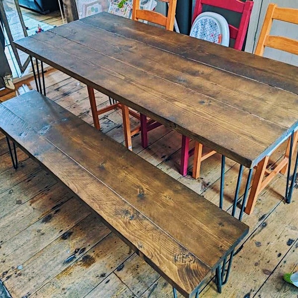 Dining Table & Matching Bench | Rustic Reclaimed Wood | Modern Industrial Style | Steel Hairpin Legs | Suitable for Indoor or Outdoor Use