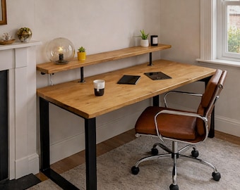 Rustic Desk | Riser Shelf For Monitor, Speakers | Reclaimed Wood | Heavy Duty Industrial Style Square Steel Legs | Home or Office Use