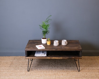 Rustic Wood Coffee Table with Hairpin Legs & Storage