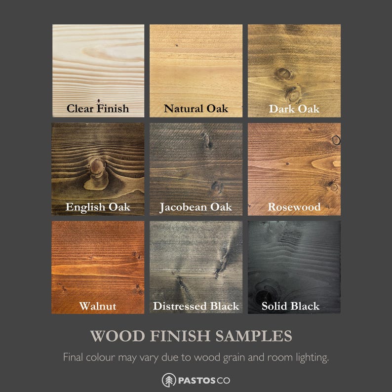 Wood finish samples chart showing clear finish, natural oak, dark oak, English oak, jacobean oak, rosewood, walnut, distressed black, and solid black with note that final colour may vary due to wood grain and lighting.