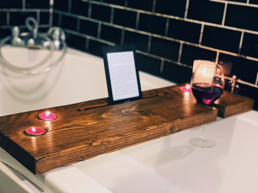 Rustic Wooden Bath Caddy With Tablet, Wine Glass & Tea Candle Light