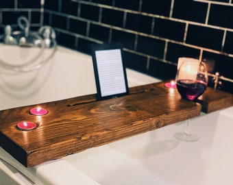 Rustic Wooden Bath Caddy with Tablet, Wine Glass & Tea Candle Light Holders - Made From Reclaimed Scaffold Wood - Industrial Style