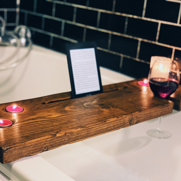 Rustic Wooden Bath Caddy with Tablet, Wine Glass & Tea Candle Light Holders - Made From Reclaimed Scaffold Wood - Industrial Style