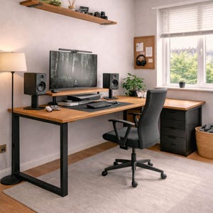 Wooden Corner Desk - L Shape Desk - Optional Monitor Stand & Keyboard Tray - Hairpin or Square Industrial Legs - Custom Sizes Available