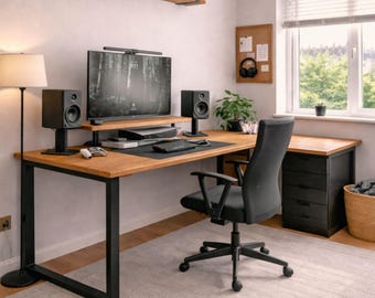 Wooden Corner Desk - L Shape Desk - Optional Monitor Stand & Keyboard Tray - Hairpin or Square Industrial Legs - Custom Sizes Available