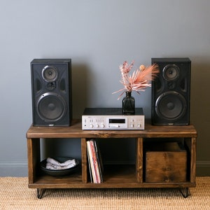 Record Player Stand. Rustic Wooden Vinyl Record Storage Unit. TV Stand with Space for Vinyl Record Display. Reclaimed wood and hairpin legs.