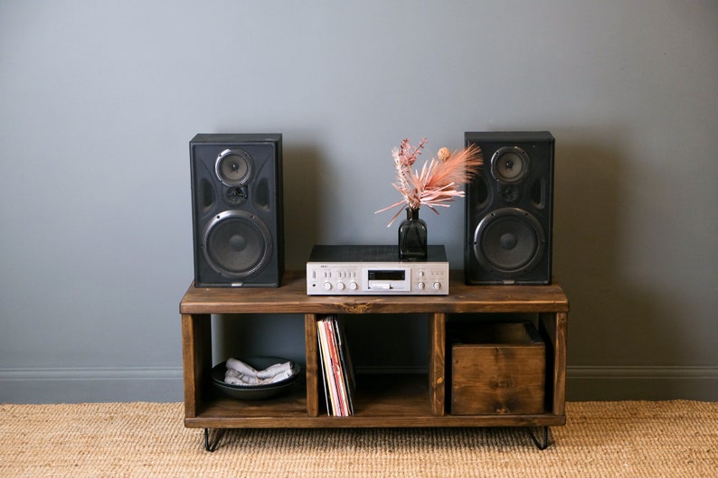 Record Player Stand. Rustic Wooden Vinyl Record Storage Unit. TV Stand with Space for Vinyl Record Display. Reclaimed wood and hairpin legs. image 2