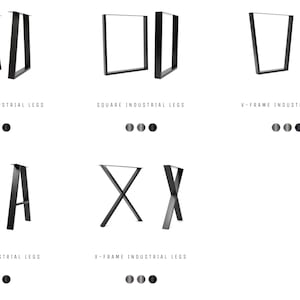 May include: Five different styles of black metal table legs: trapezoid, square, V-shaped, A-frame, and X-frame. Each style is shown in two legs.