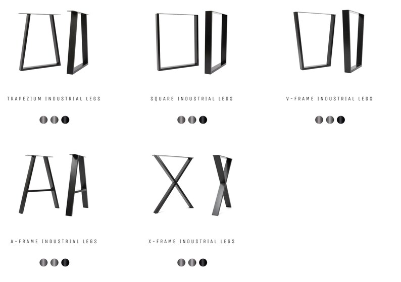 May include: Five different styles of black metal table legs: trapezoid, square, V-shaped, A-frame, and X-frame. Each style is shown in two legs.