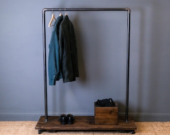 Industrial Clothes Rail. Shoe Rack Storage with Rustic Wooden Base. Heavy Duty Coat Hanger. Open Wardrobe with Optional Storage Box Add-On