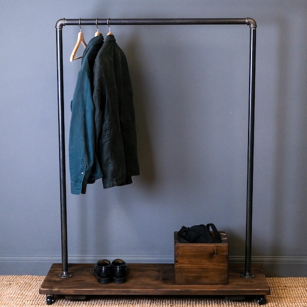 Industrial Clothes Rail. Shoe Rack Storage with Rustic Wooden Base. Heavy Duty Coat Hanger. Open Wardrobe with Optional Storage Box Add-On