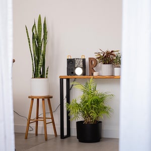 Wooden console table with black square metal legs, styled as a radiator shelf in a modern hallway with plants, books, and decorative objects on top.