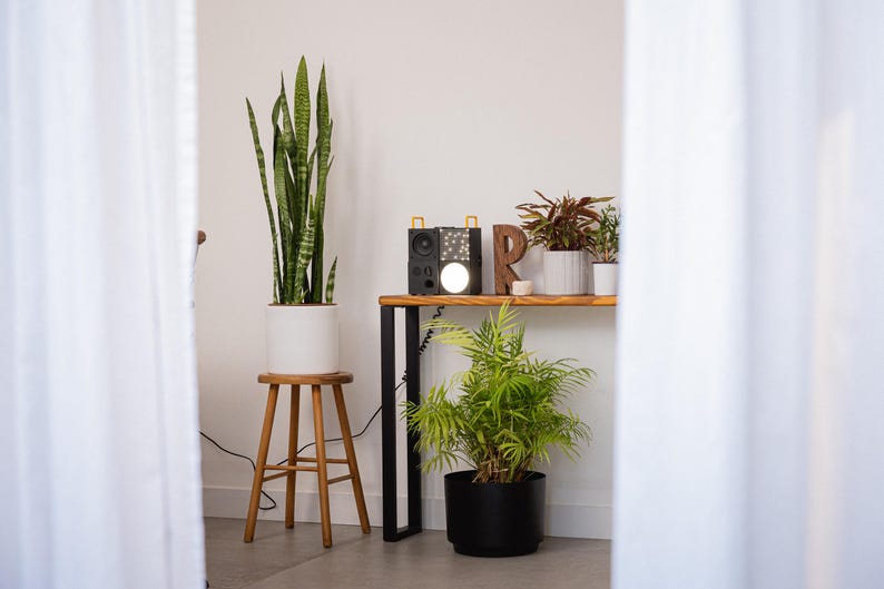 Wooden console table with black square metal legs, styled as a radiator shelf in a modern hallway with plants, books, and decorative objects on top.