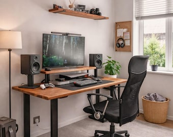Houten bureau voor thuiskantoor, massief houten computerbureau, schrijftafel, Scandinavisch bureau met optionele monitorstandaard en toetsenbordvak