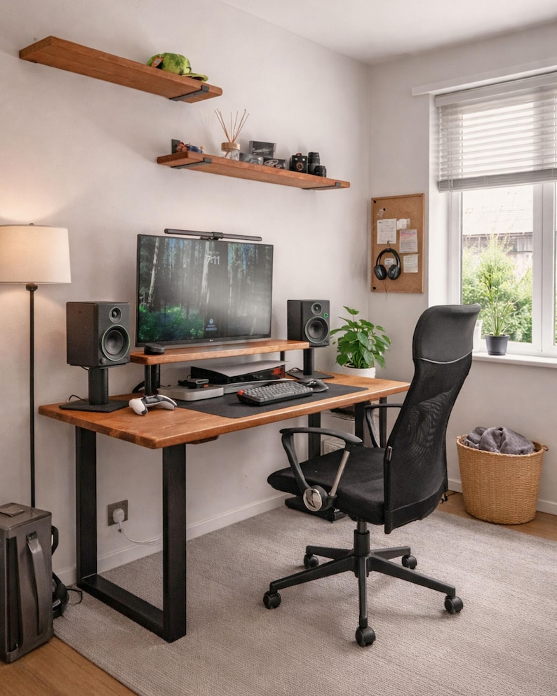 Minimal home office setup with a wooden desk and black metal legs, large monitor, studio speakers on stands, keyboard and mouse on a desk mat, mesh office chair, floating wooden shelves above with cameras and decor, cork board with headphones, and a window with plants letting in natural light.