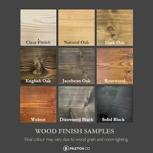 List of available standard finishes and a message underneath to say that the final colour may vary slightly, due to the difference in natural wood grain and room lighting.